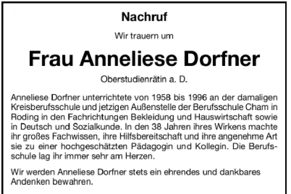 Nachruf Frau Anneliese Dorfner